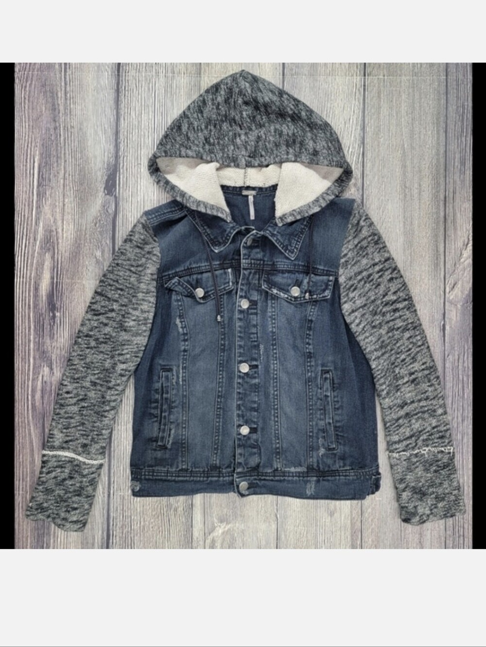 Free People Distressed Denim Jacket With Knit Sleeves and Hood - Picture 3 of 11